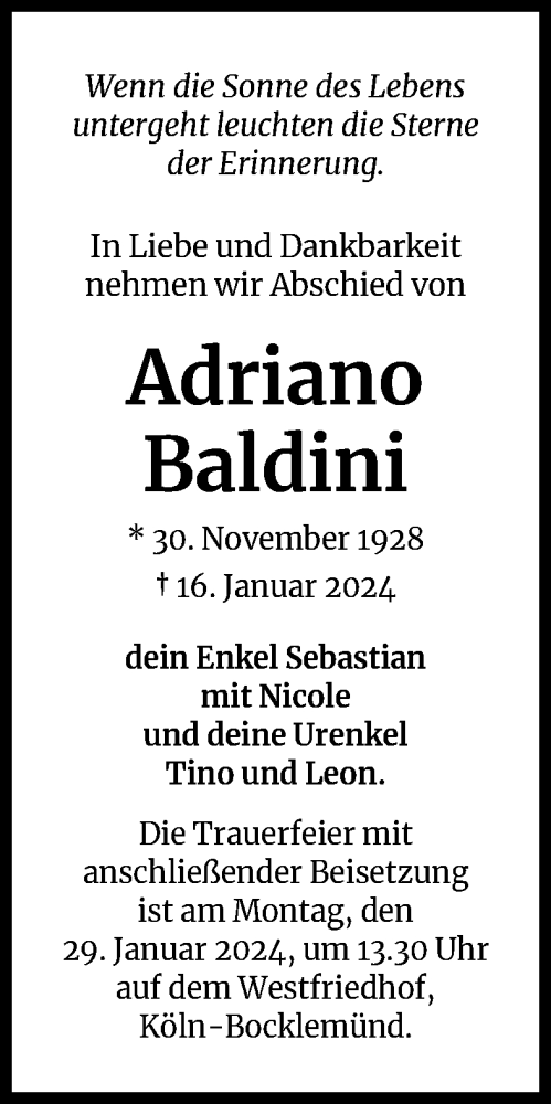 Anzeige von Adriano Baldini von Kölner Stadt-Anzeiger / Kölnische Rundschau / Express