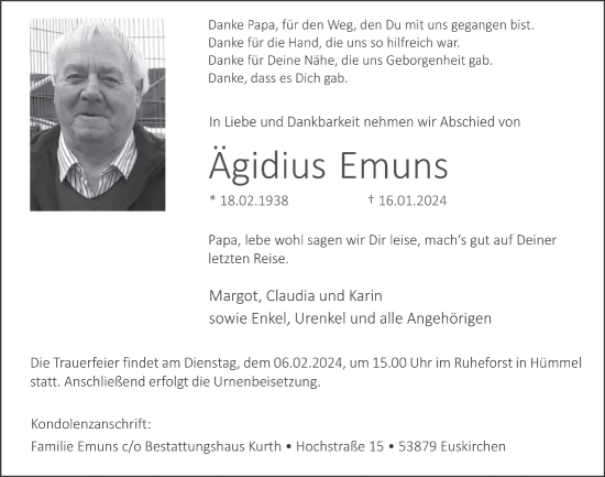 Anzeige von Ägidius Emuns von  Blickpunkt Euskirchen 