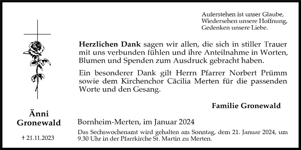  Traueranzeige für Änni Gronewald vom 05.01.2024 aus  Schlossbote/Werbekurier 