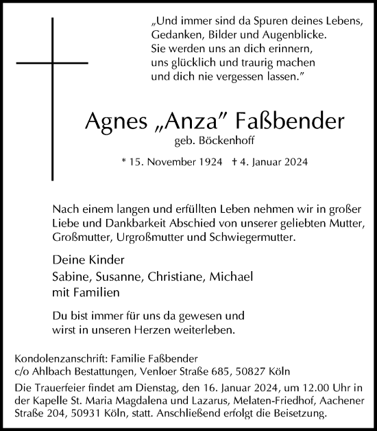 Anzeige von Agnes Faßbender von Kölner Stadt-Anzeiger / Kölnische Rundschau / Express