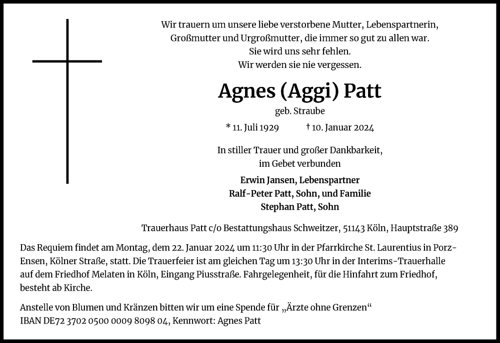  Traueranzeige für Agnes Patt vom 17.01.2024 aus Kölner Stadt-Anzeiger / Kölnische Rundschau / Express