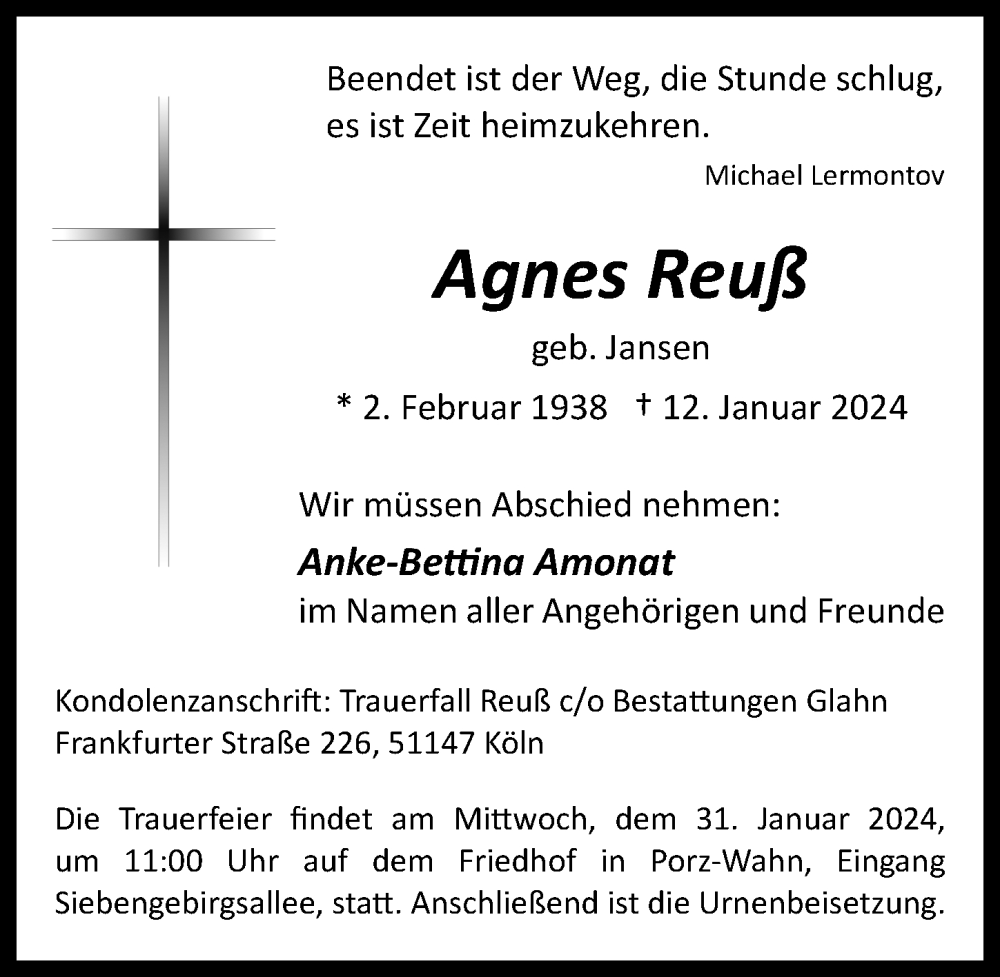  Traueranzeige für Agnes Reuß vom 19.01.2024 aus  EXPRESS - Die Woche 