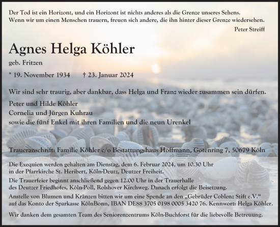 Anzeige von Agnes Helga Köhler von Kölner Stadt-Anzeiger / Kölnische Rundschau / Express