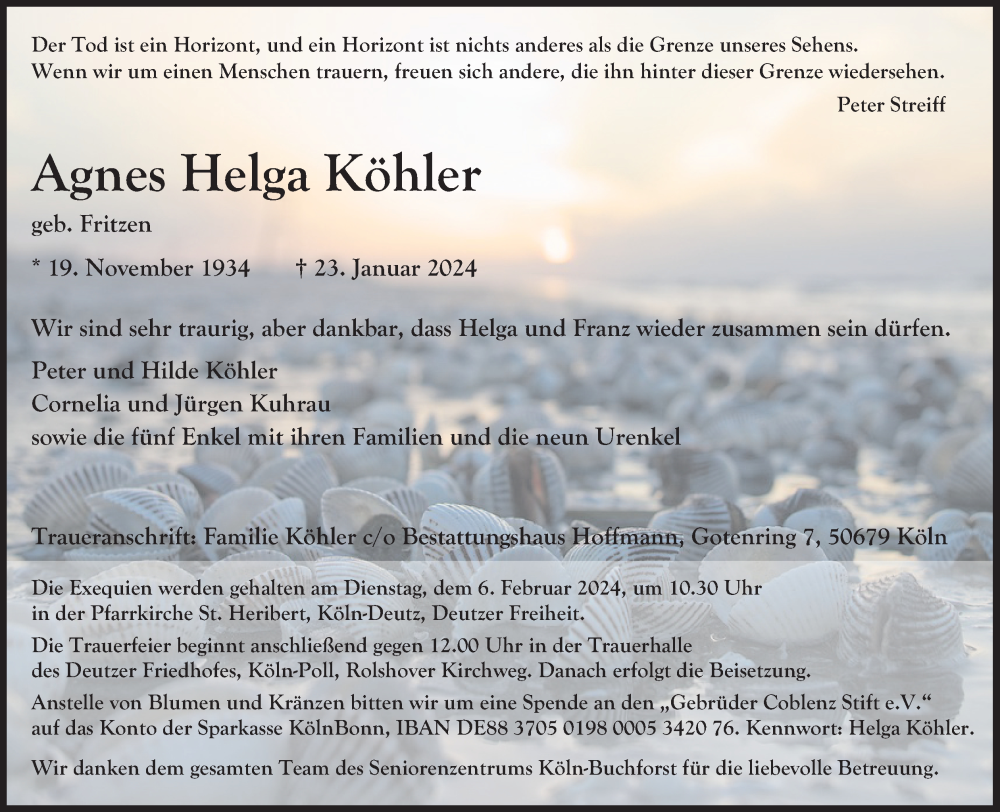  Traueranzeige für Agnes Helga Köhler vom 27.01.2024 aus Kölner Stadt-Anzeiger / Kölnische Rundschau / Express