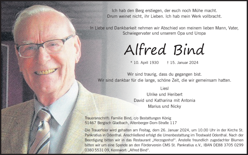  Traueranzeige für Alfred Bind vom 20.01.2024 aus Kölner Stadt-Anzeiger / Kölnische Rundschau / Express