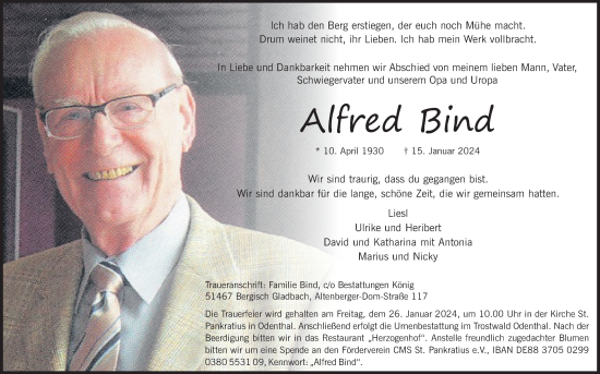 Anzeige von Alfred Bind von Kölner Stadt-Anzeiger / Kölnische Rundschau / Express