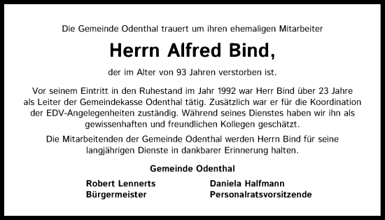 Anzeige von Alfred Bind von Kölner Stadt-Anzeiger / Kölnische Rundschau / Express
