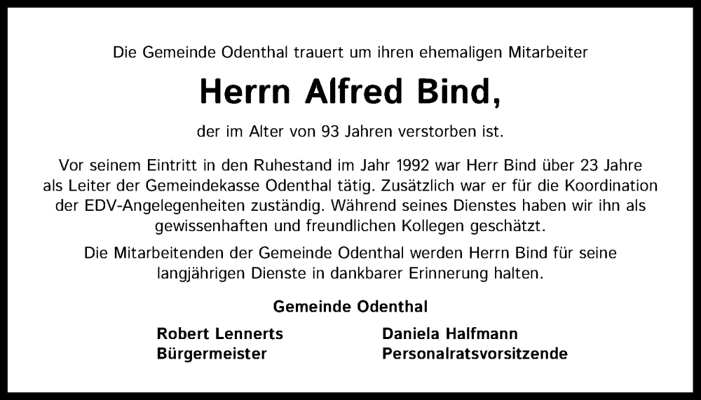  Traueranzeige für Alfred Bind vom 31.01.2024 aus Kölner Stadt-Anzeiger / Kölnische Rundschau / Express