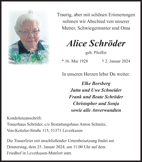 Anzeige von Alice Schröder von Kölner Stadt-Anzeiger / Kölnische Rundschau / Express