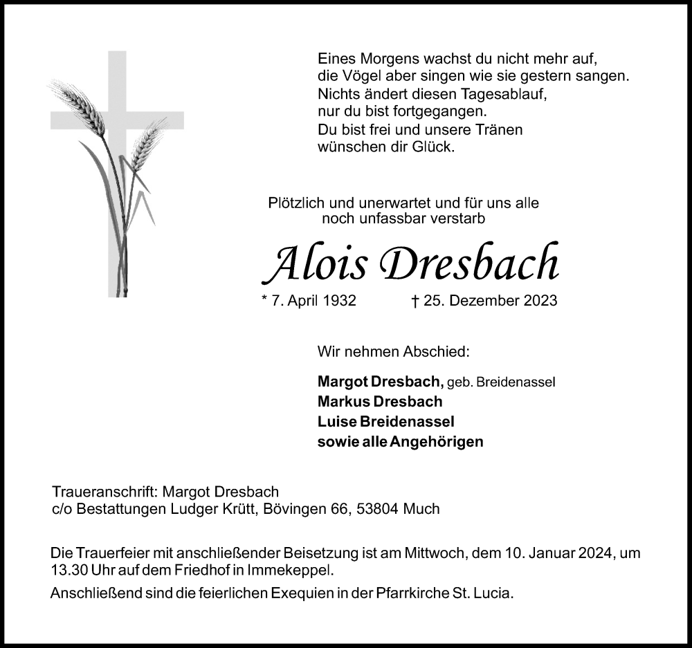  Traueranzeige für Alois Dresbach vom 06.01.2024 aus Kölner Stadt-Anzeiger / Kölnische Rundschau / Express
