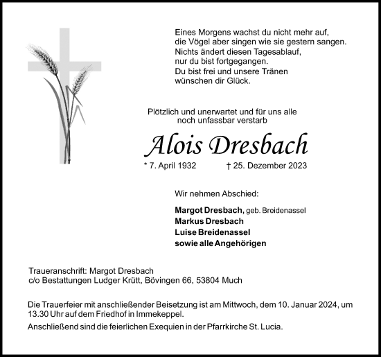 Anzeige von Alois Dresbach von Kölner Stadt-Anzeiger / Kölnische Rundschau / Express
