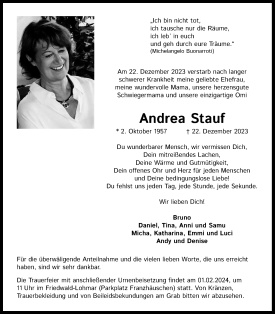Anzeige von Andrea Stauf von Kölner Stadt-Anzeiger / Kölnische Rundschau / Express