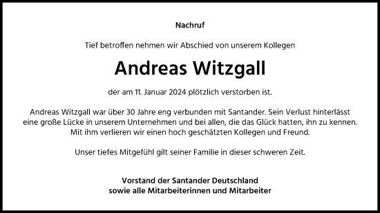 Anzeige von Andreas Witzgall von Kölner Stadt-Anzeiger / Kölnische Rundschau / Express