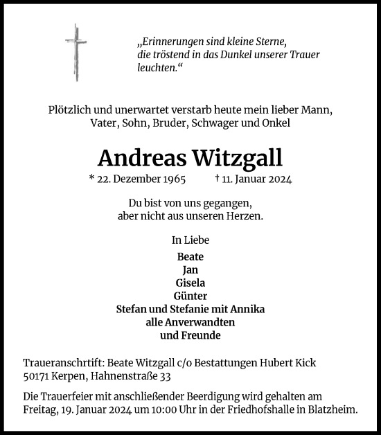 Anzeige von Andreas Witzgall von Kölner Stadt-Anzeiger / Kölnische Rundschau / Express