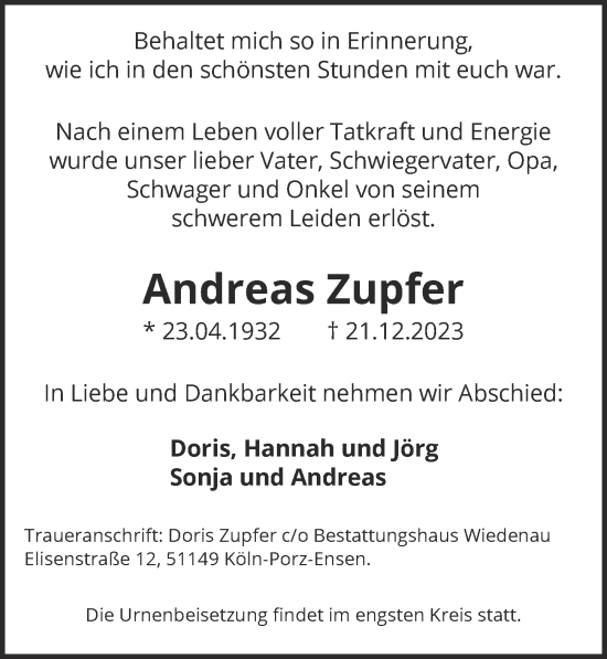 Anzeige von Andreas Zupfer von  EXPRESS - Die Woche 