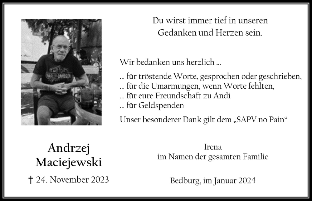  Traueranzeige für Andrzej Maciejewski vom 19.01.2024 aus  Werbepost 