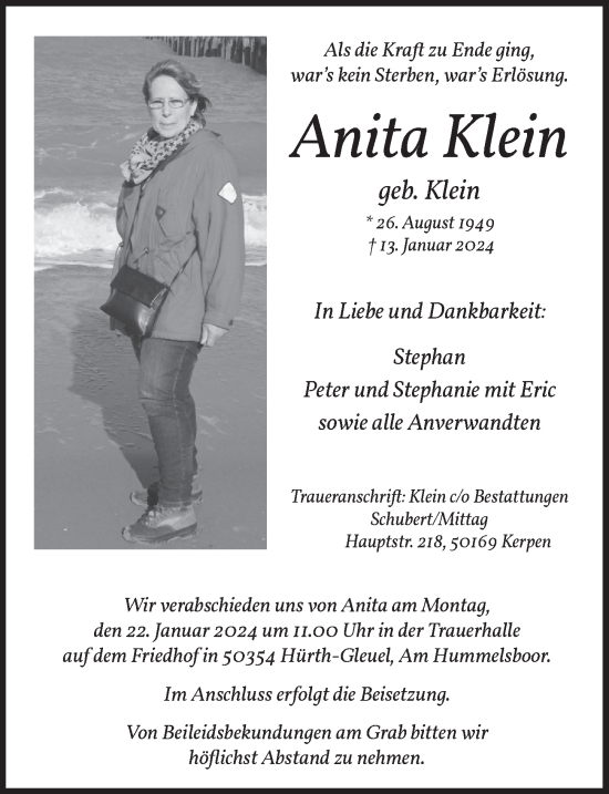 Anzeige von Anita Klein von  Wochenende 