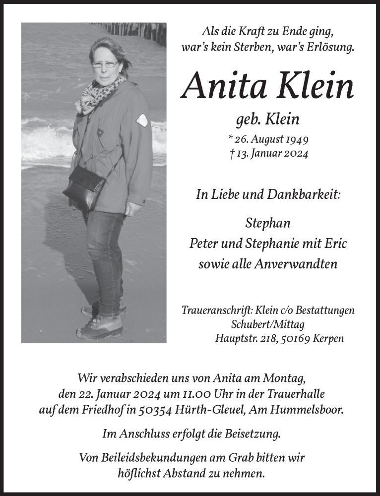  Traueranzeige für Anita Klein vom 19.01.2024 aus  Wochenende 