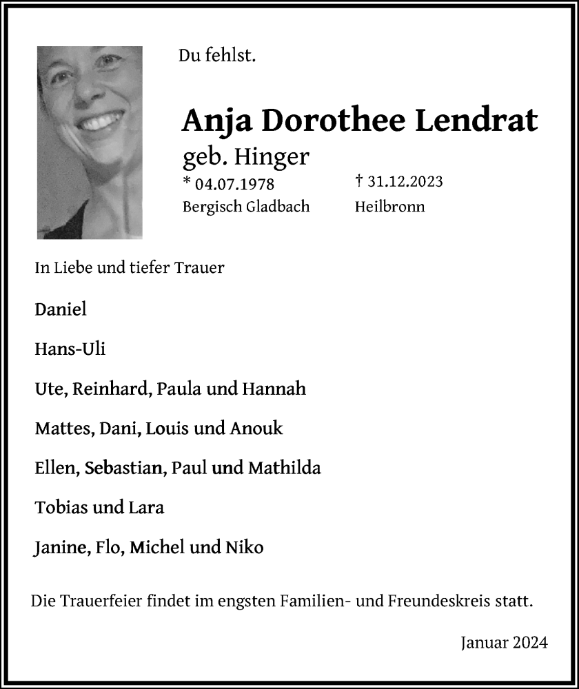  Traueranzeige für Anja Dorothee Lendrat vom 13.01.2024 aus Kölner Stadt-Anzeiger / Kölnische Rundschau / Express