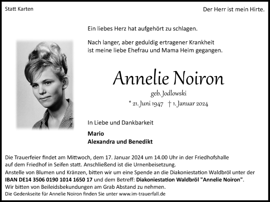 Anzeige von Annelie Noiron von Kölner Stadt-Anzeiger / Kölnische Rundschau / Express