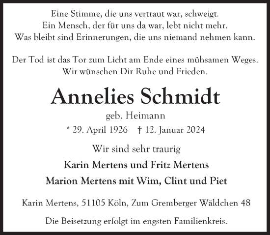 Anzeige von Annelies Schmidt von  Wochenende 