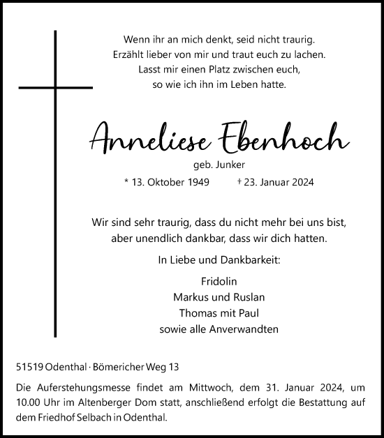Anzeige von Anneliese Ebenhoch von Kölner Stadt-Anzeiger / Kölnische Rundschau / Express