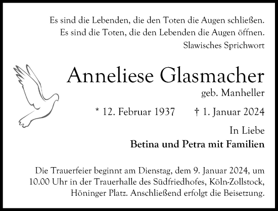 Anzeige von Anneliese Glasmacher von Kölner Stadt-Anzeiger / Kölnische Rundschau / Express