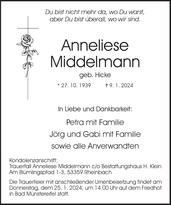 Anzeige von Anneliese Middelmann von  Blickpunkt Euskirchen 