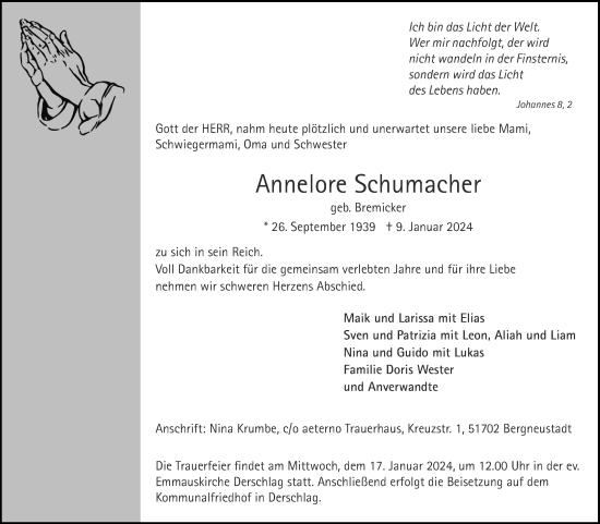 Anzeige von Annelore Schumacher von Kölner Stadt-Anzeiger / Kölnische Rundschau / Express