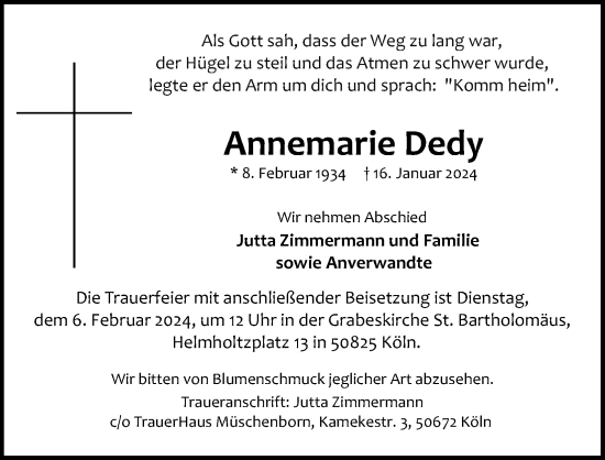 Anzeige von Annemarie Dedy von Kölner Stadt-Anzeiger / Kölnische Rundschau / Express