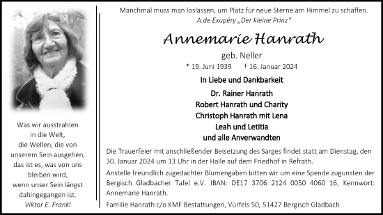 Anzeige von Annemarie Hanrath von Kölner Stadt-Anzeiger / Kölnische Rundschau / Express