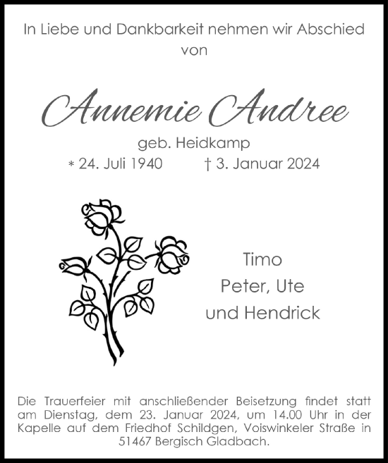 Anzeige von Annemie Andree von  Bergisches Handelsblatt 