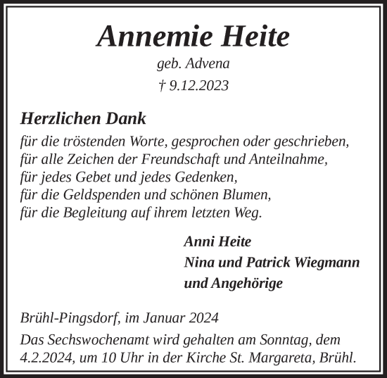 Anzeige von Annemie Heite von  Schlossbote/Werbekurier 