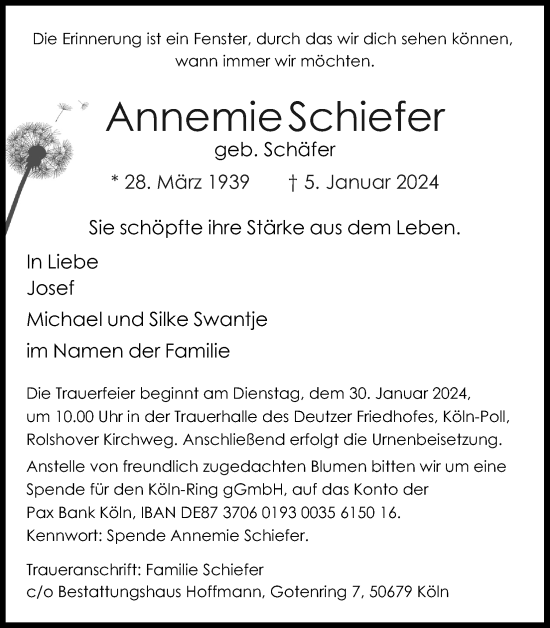 Anzeige von Annemie Schiefer von Kölner Stadt-Anzeiger / Kölnische Rundschau / Express