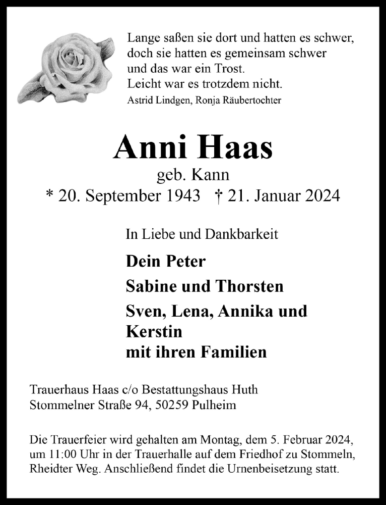  Traueranzeige für Anni Haas vom 26.01.2024 aus  Wochenende 