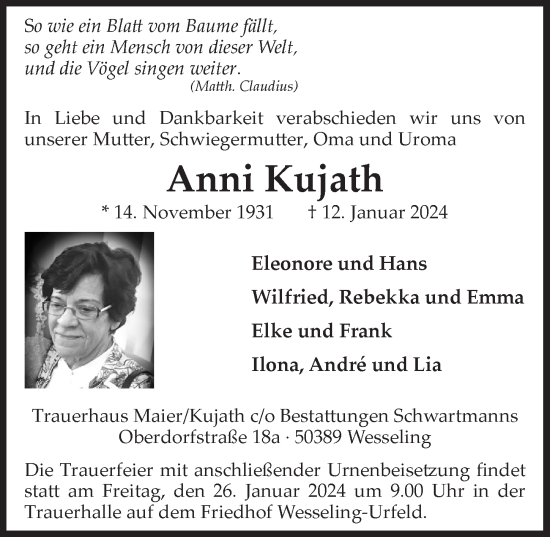 Anzeige von Anni Kujath von  Schlossbote/Werbekurier 