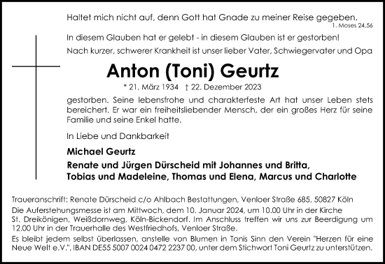 Anzeige von Anton Geurtz von Kölner Stadt-Anzeiger / Kölnische Rundschau / Express