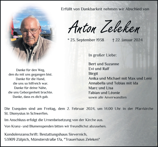 Anzeige von Anton Zeleken von  Blickpunkt Euskirchen 