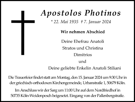 Anzeige von Apostolos Photinos von Kölner Stadt-Anzeiger / Kölnische Rundschau / Express
