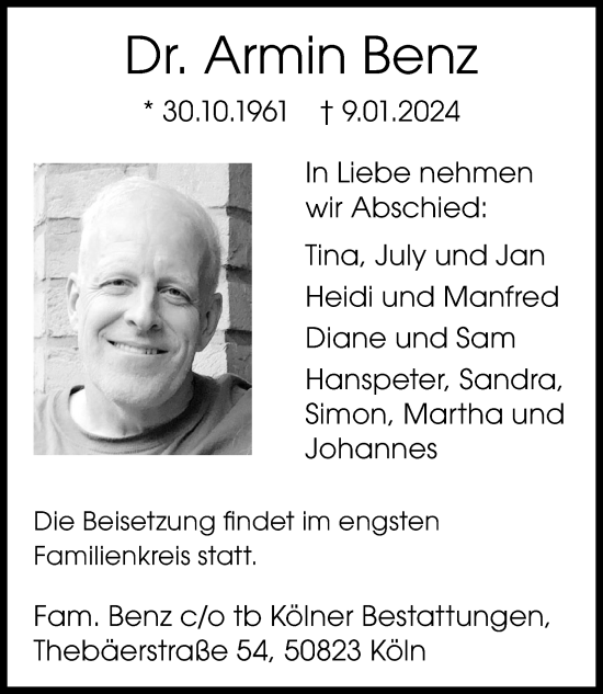 Anzeige von Armin Benz von Kölner Stadt-Anzeiger / Kölnische Rundschau / Express