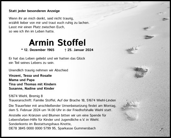 Anzeige von Armin Stoffel von Kölner Stadt-Anzeiger / Kölnische Rundschau / Express