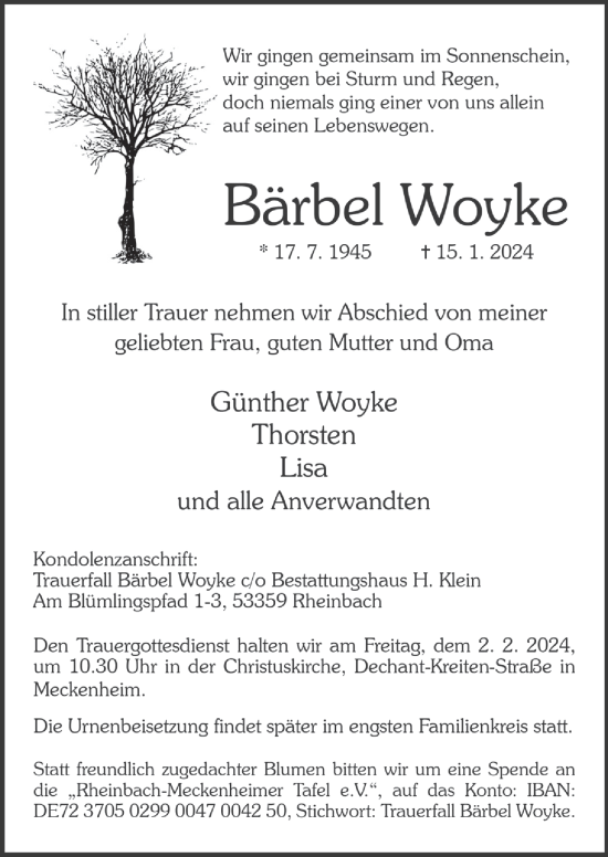 Anzeige von Bärbel Woyke von  Schaufenster/Blickpunkt 