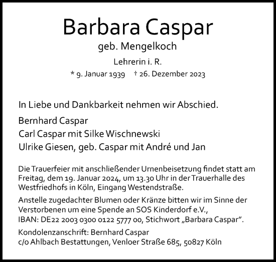 Anzeige von Barbara Caspar von Kölner Stadt-Anzeiger / Kölnische Rundschau / Express
