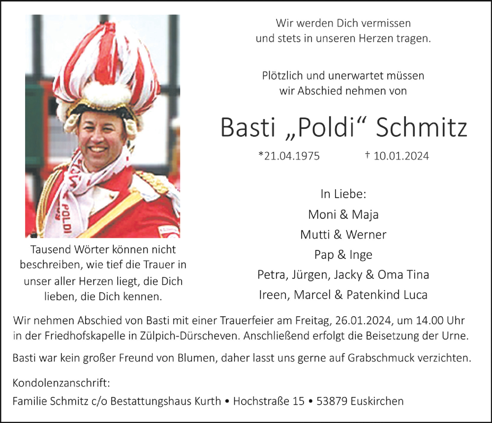  Traueranzeige für Basti Schmitz vom 20.01.2024 aus  Blickpunkt Euskirchen 