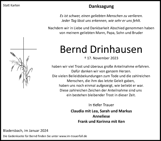 Anzeige von Bernd Drinhausen von Kölner Stadt-Anzeiger / Kölnische Rundschau / Express