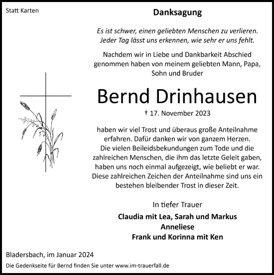 Anzeige von Bernd Drinhausen von  Lokalanzeiger 