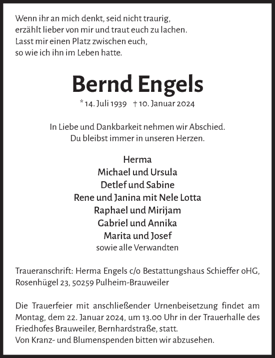 Anzeige von Bernd Engels von  Wochenende 