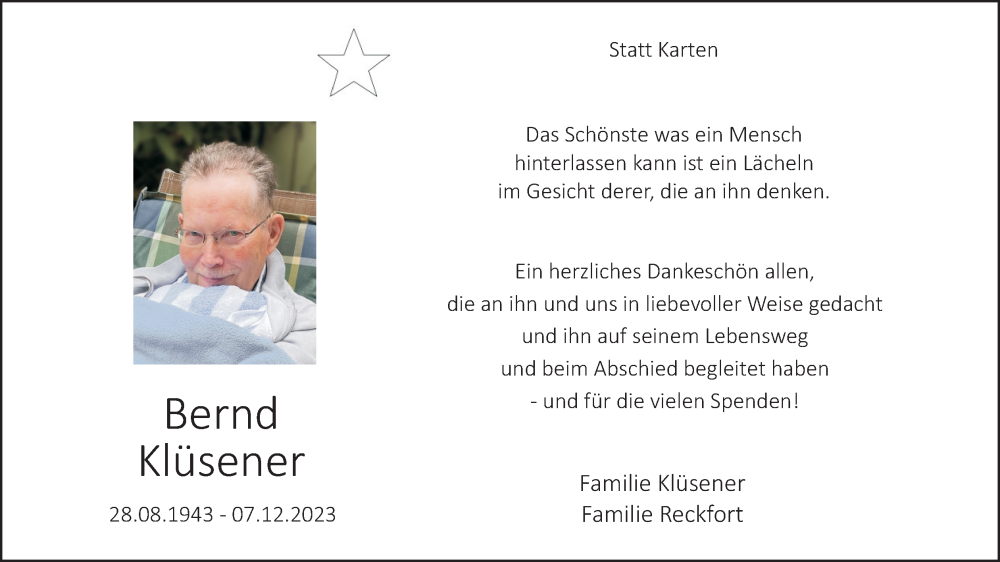  Traueranzeige für Bernd Klüsener vom 20.01.2024 aus Kölner Stadt-Anzeiger / Kölnische Rundschau / Express