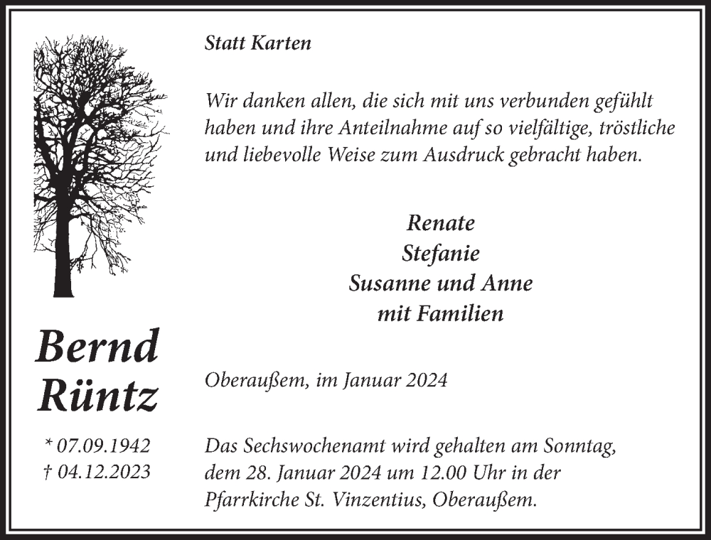  Traueranzeige für Bernd Rüntz vom 19.01.2024 aus  Werbepost 