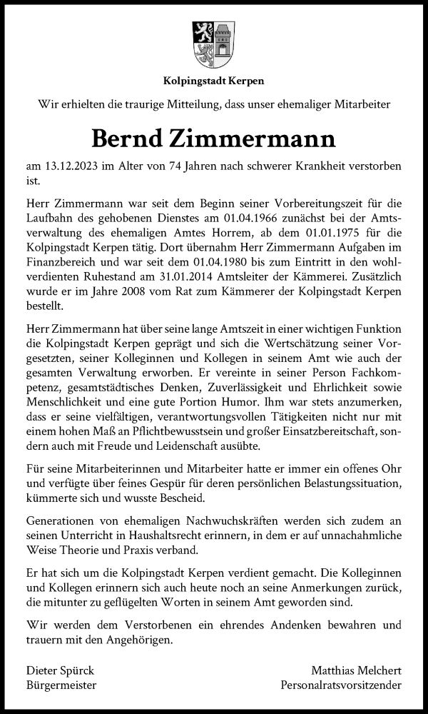  Traueranzeige für Bernd Zimmermann vom 06.01.2024 aus Kölner Stadt-Anzeiger / Kölnische Rundschau / Express